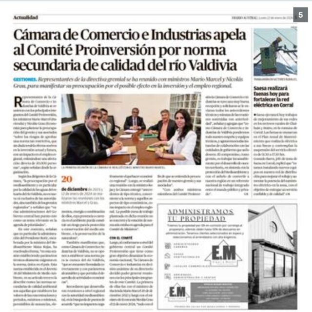 "apela al Comité Proinversión por norma secundaria de calidad del río Valdivia"

Representantes de la directiva gremial se reunieron con ministros Mario Marcel y Nicolás Grau, para manifestar su preocupación por el posible efecto en la inversión y el empleo regional.

#comercio #industrias #losríos #losrios #valdivia #emprendimientos #emprendedores #empresas #diálogo